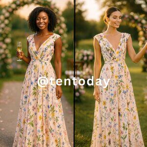 Mac Duggal 55829 Size 18 Light Pink Floral V-Neck A-Line Long Maxi Dress Gown